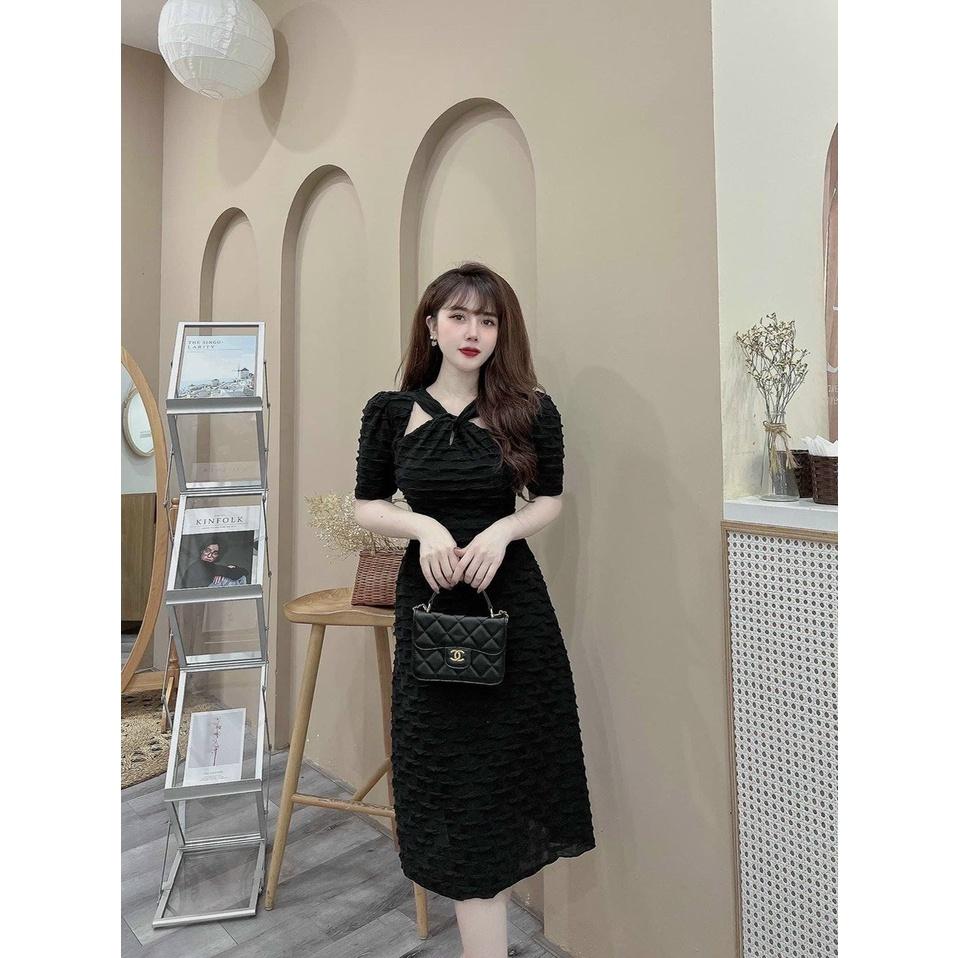 Đầm body dây rút vải xốp gân