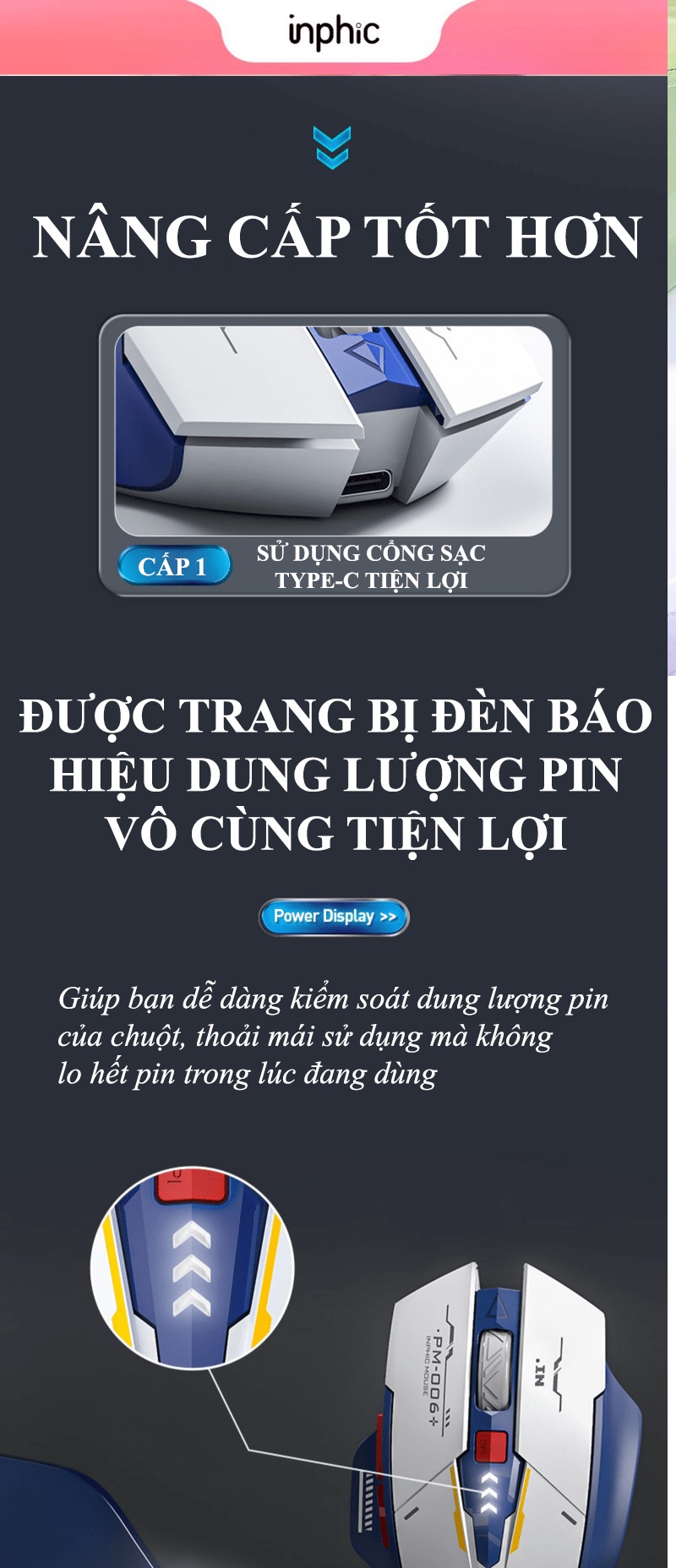 Chuột không dây INPHIC M6P ROBOT kết nối bằng chip USB 2.4GHz thiết kế cực ngầu có đèn led báo hiệu dung lượng pin- JL- HÀNG CHÍNH HÃNG