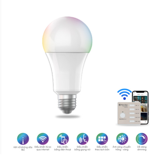 Bóng đèn LED RGB 36 triệu màu điều khiển từ xa bằng Bluetooth/Wi-Fi Rạng Đông model A60.BLE.RGBCW/9W