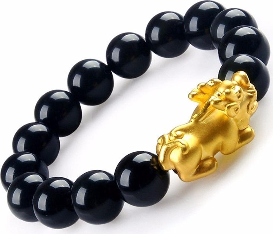 Lắc Tay Opal Đen Tự Nhiên Tỳ Hưu Bạc Mạ Vàng 24K 12MM