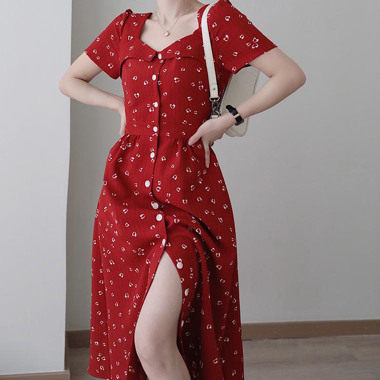 DONGSHOP 2023 mùa hè retro màu đỏ đầm nữ tính trà nghỉ váy cao cấp thắt lưng che thịt hiển thị gầy trung bình dài