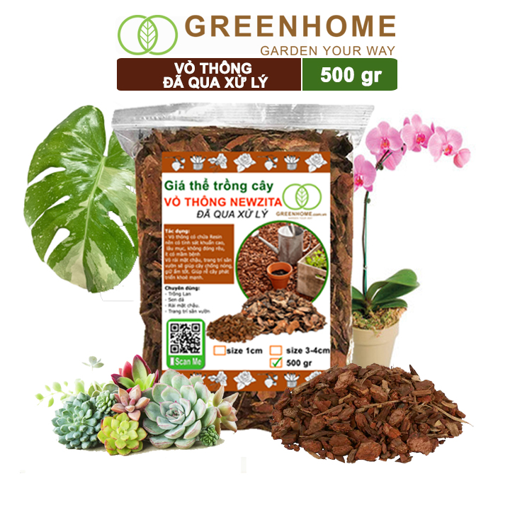 Vỏ thông newzita, Greenhome, bao 500gr, nhiều size, đã qua xử lý, trồng lan, kiểng lá, rãi bề mặt chậu cây