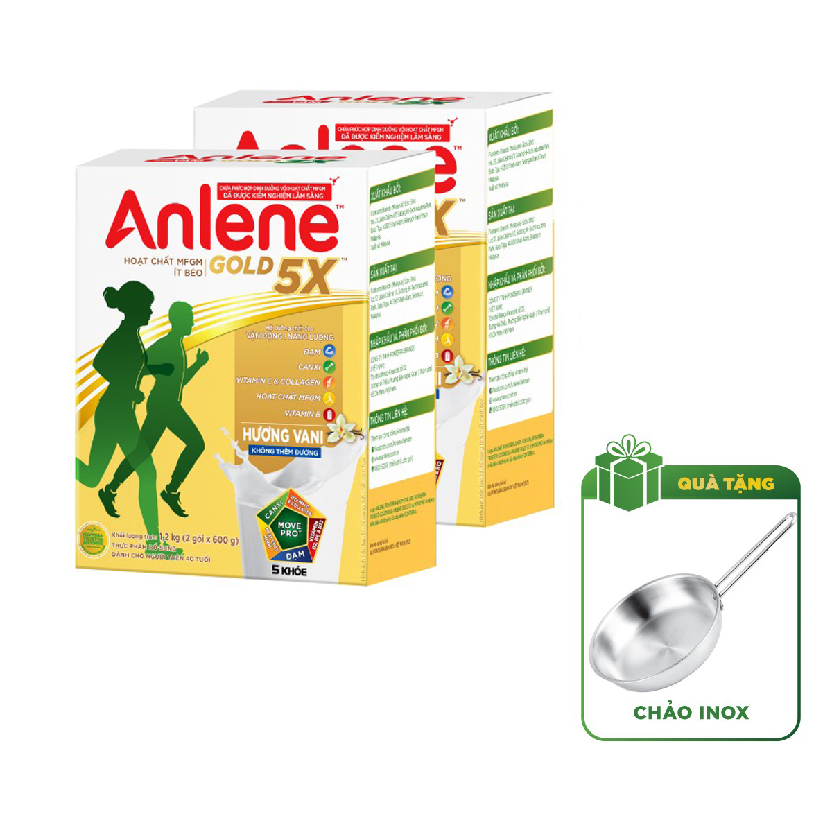 Combo 2 Sữa Bột Anlene Gold 5X Hương Vanilla (Hộp giấy 1200g) - Tặng chảo inox