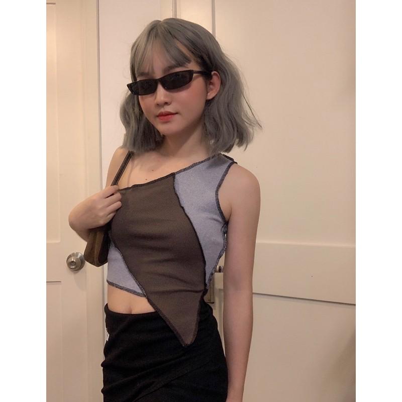 Áo croptop nữ - Áo croptop thun sọc chéo hở một bên vai
