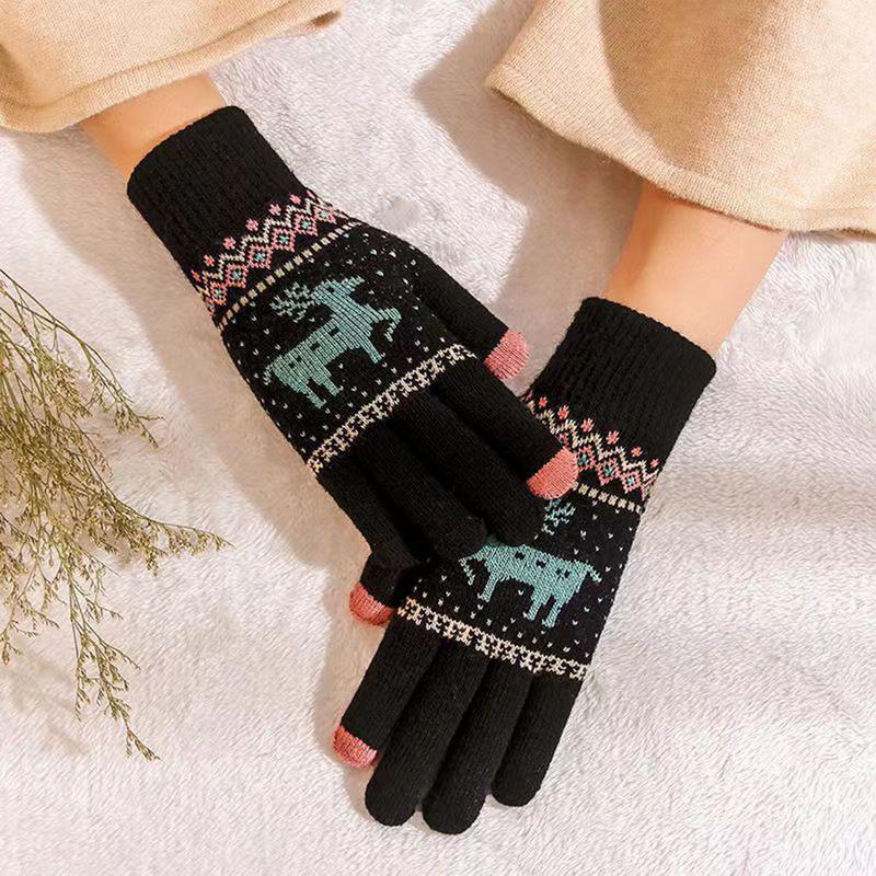 Lông cừu ấm áp của phụ nữ ngoài trời mùa đông lạnh và màu dệt kim găng tay nhung găng tay phụ nữ ấm áp len in găng tay Color: Mask