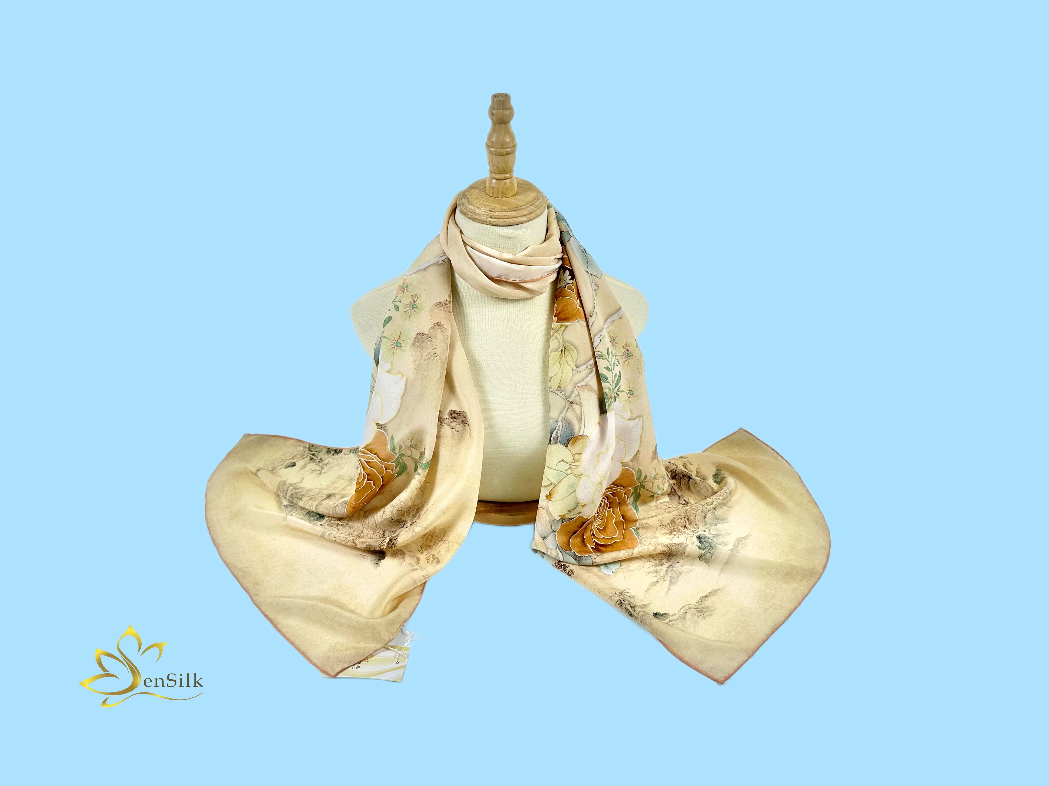 Khăn Lụa Cao Cấp in Kỹ Thuật Số Sen Silk KLDI02 Rose - Printed Silk Scarves - Quà Tặng Khách Nước Ngoài