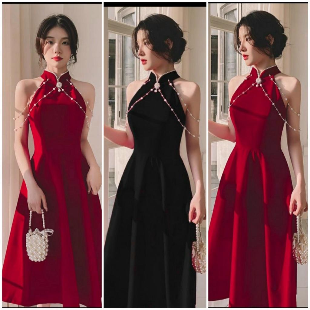 Váy đầm nữ dáng xòe cổ tàu kết cườm kèm phụ kiện cự sang chảnh