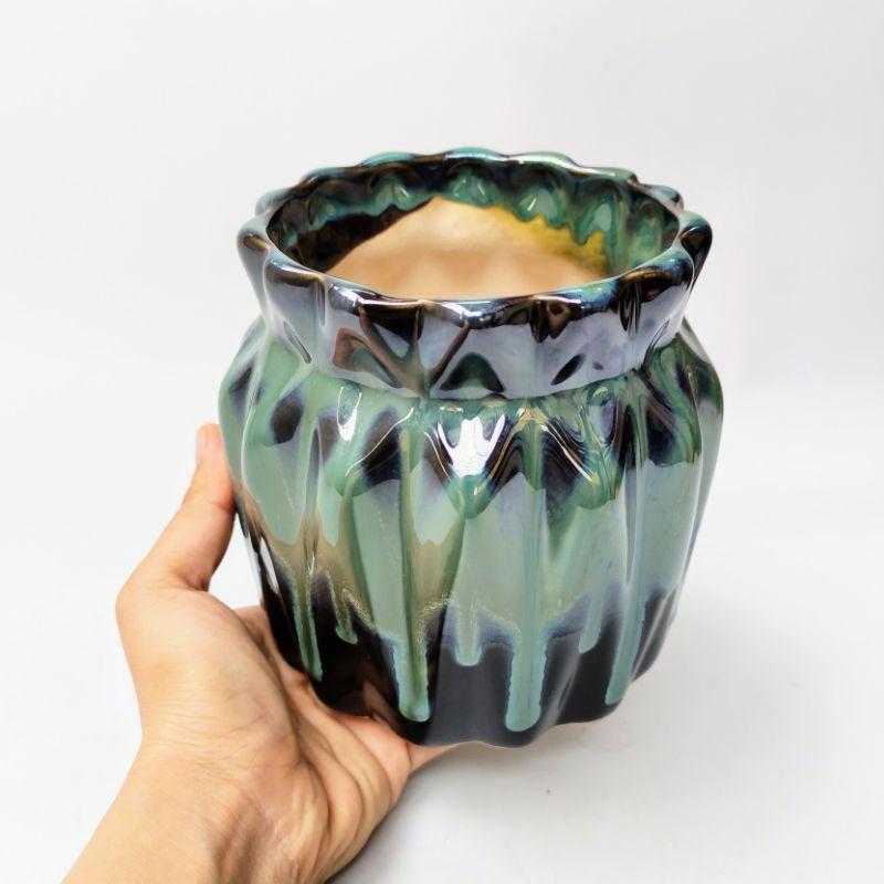 Chậu trồng cây hình giỏ cua, chậu múi trồng cây cảnh men hỏa biến, gốm sứ Bát Tràng cao cấp, phù hợp trồng cây văn phòng