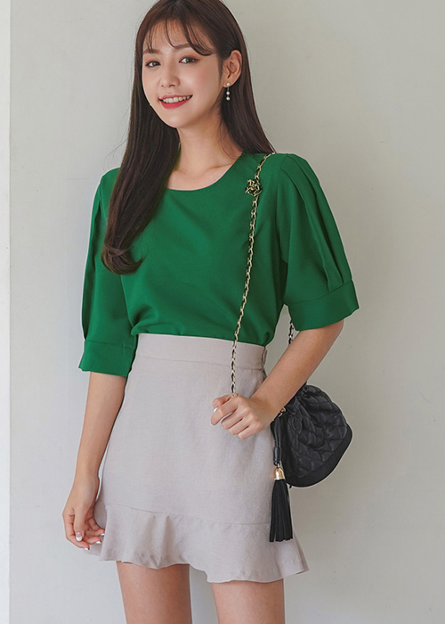 Áo Blouse Cổ Tròn Tay Bồng Gấp Nếp Freesize