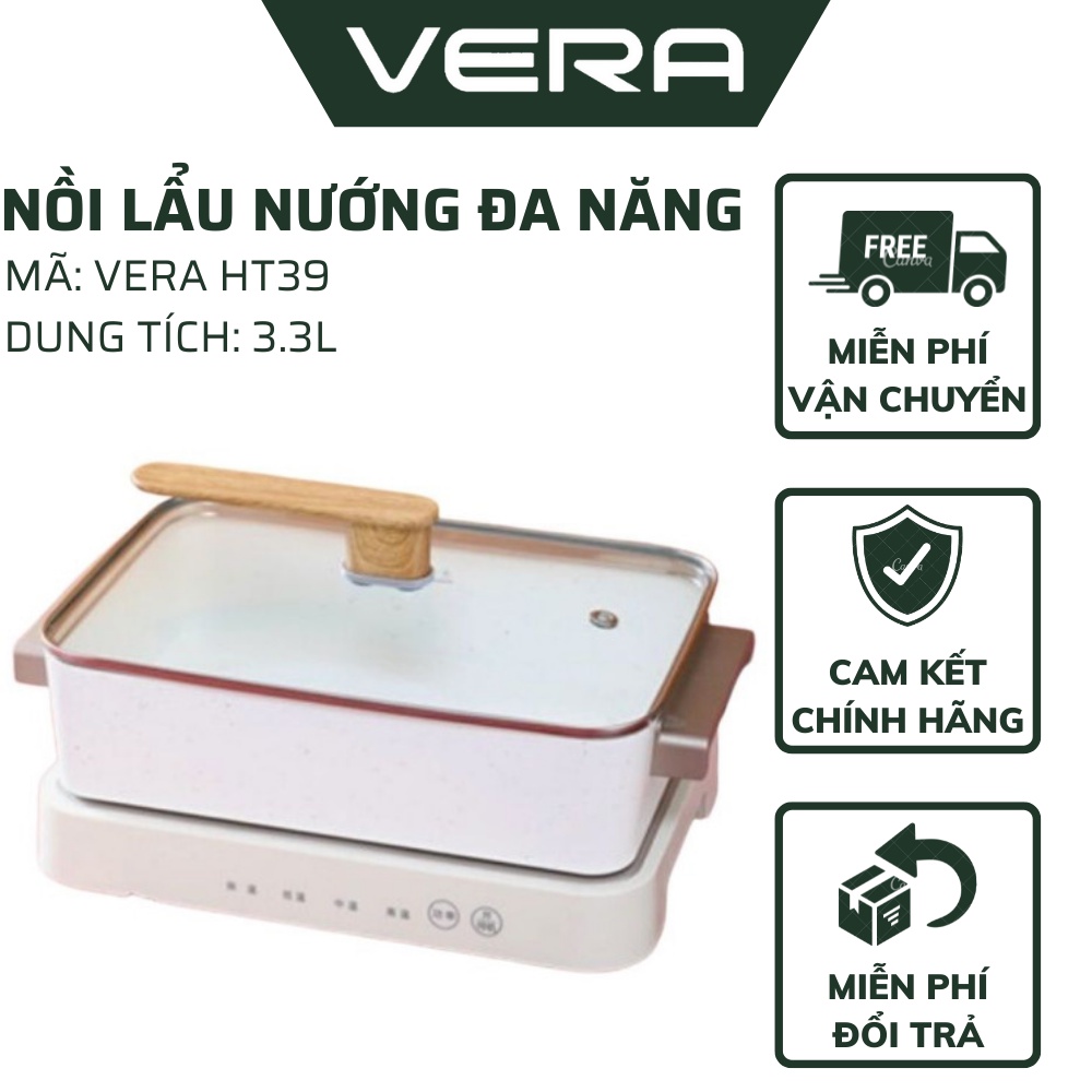 Nồi Lẩu Nướng Đa Năng 3 In 1 VERA HT39 Dung Tích 3.3L Nấu Lẩu_Nướng_Làm Bánh - Hàng chính hãng Vera