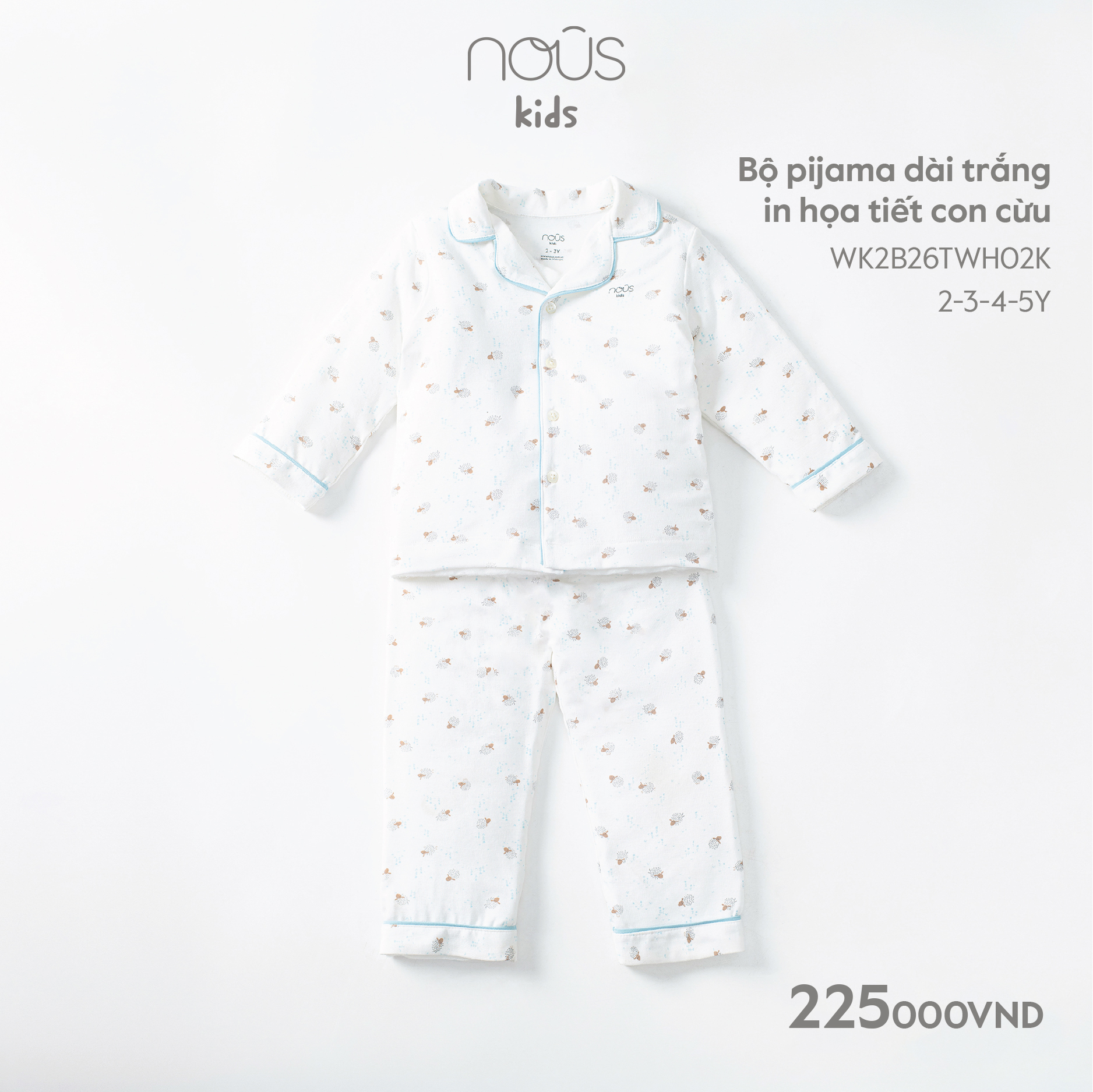 Bộ quần áo bé gái bé trai pyjama Nous, bộ màu trắng cho bé size từ 2-3 tuổi đến 5-6 tuổi