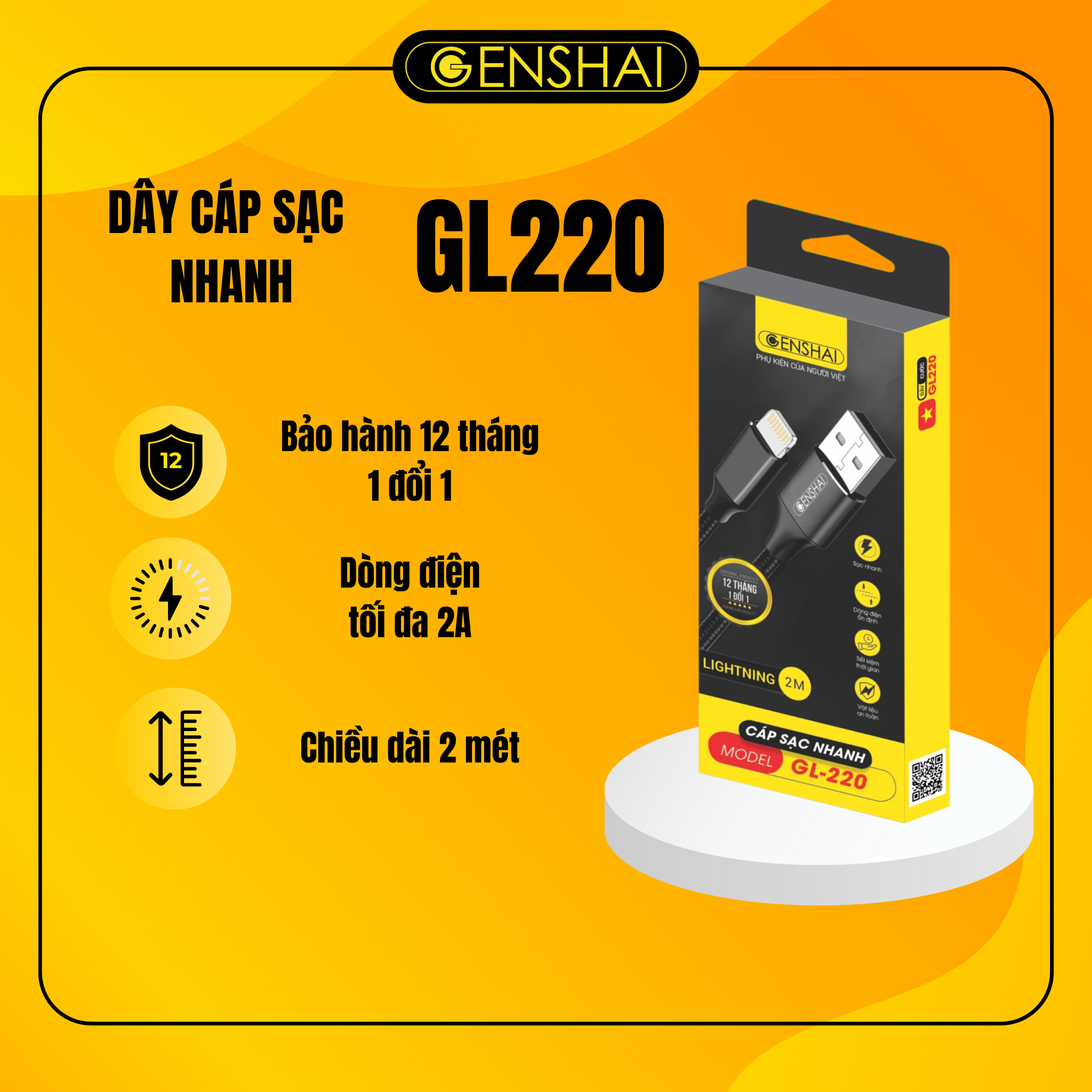 Cáp sạc 2m GENSHAI hàng chính hãng GL220 | Bảo hành 12 tháng 1 đổi 1 | Made in Việt Nam