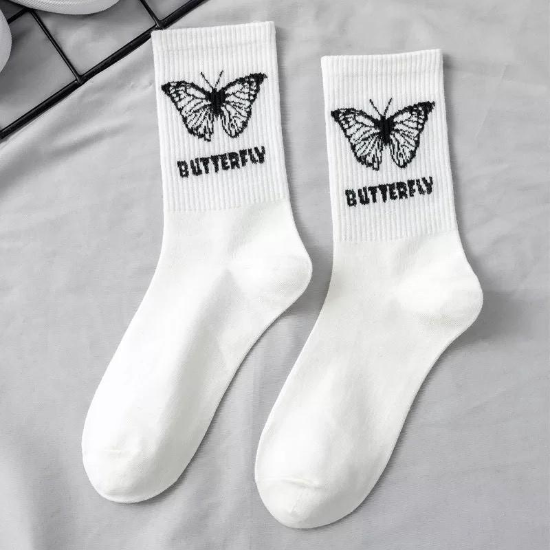 Tất cổ cao nam nữ, Vớ cao cổ unisex màu đen trắng hoạ tiết bướm butterfly TN38