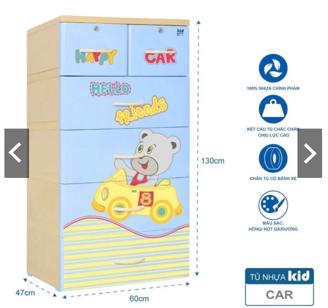 Tủ nhựa 5 tầng Qui Phúc KID màu xanh dương mẫu Car KT 600 x 470 x 1300 mm _ Juno Sofa hàng lắp sẵn