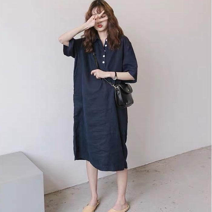 Đầm suông linen form rộng cổ sơ mi 2 túi bên sườn không kén dáng mặc, thời trang phong cách trẻ