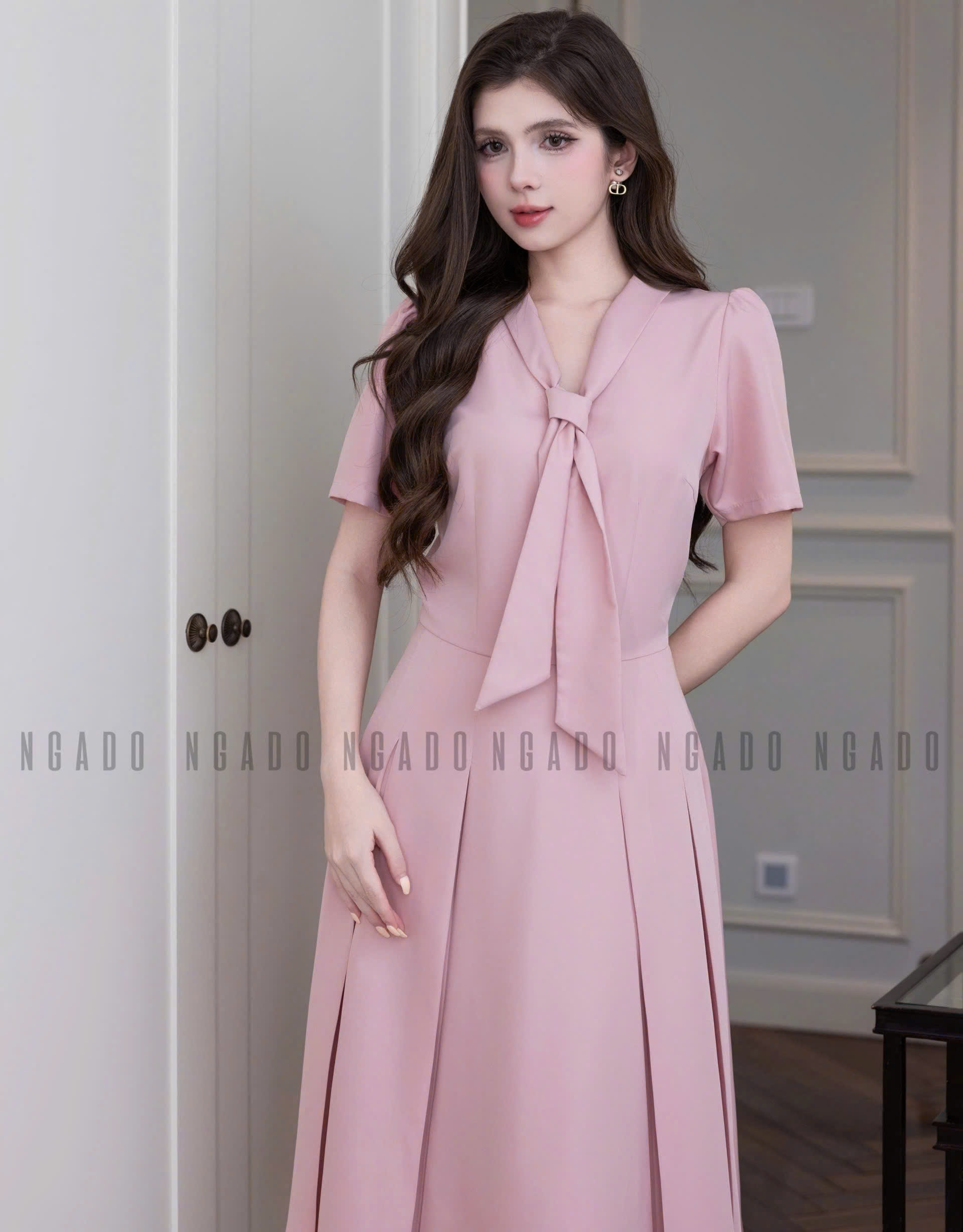 Đầm hồng cổ cà vạt NGADO , đầm midi , đầm kiểu nữ , đầm công sở , dự tiệc