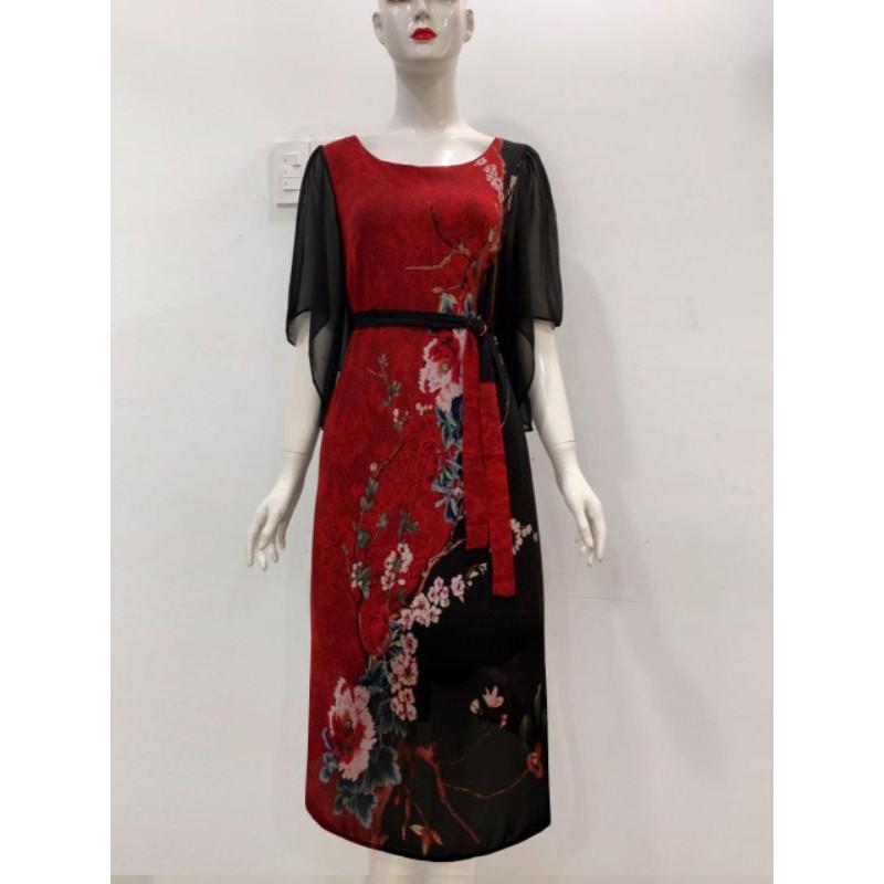 ĐẦM SUÔNG TAY CÁNH TIÊN IN HOA CỘT EO