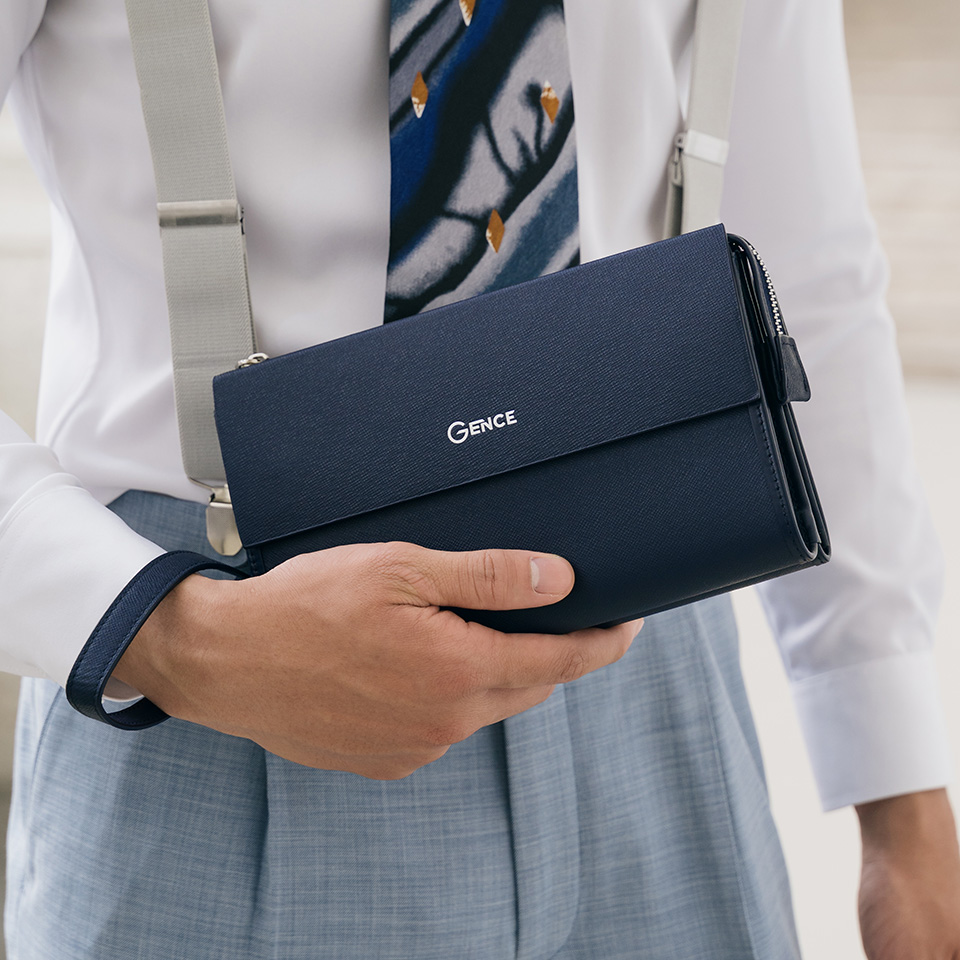 Ví Da Cầm Tay Clutch Nam Công Sở GENCE HT07 Da Bò Cao Cấp Màu Xanh Navy