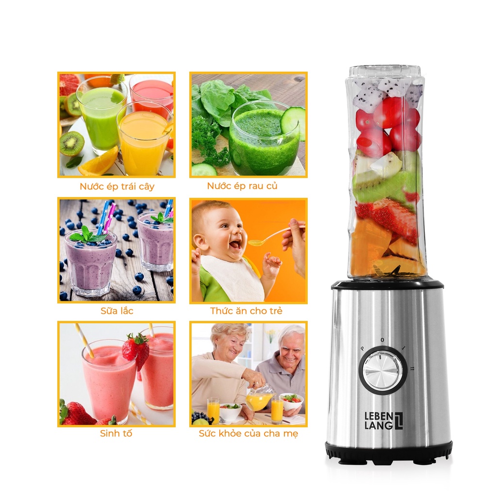 Máy xay sinh tố mini Mix&amp;Go gồm 2 cối xay tích hợp bình chứa dung tích 300-600ml, công suất 350W, model LBSP8648