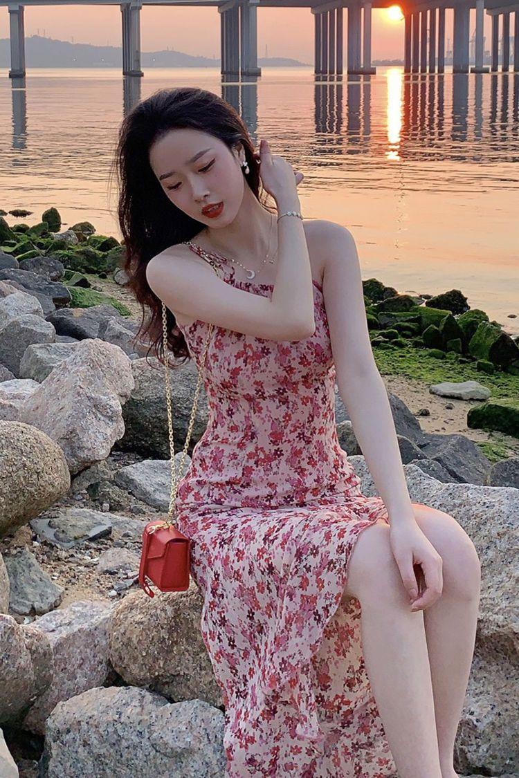 DIYIWEI Váy lụa trắng, váy lụa hoa, váy dài mùa hè 2023.