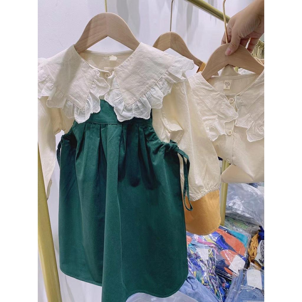 Bộ yếm cho bé gái phối sơ mi dáng babydoll rộng tone màu Hàn Quốc size 12-30kg hàng Quảng Châu