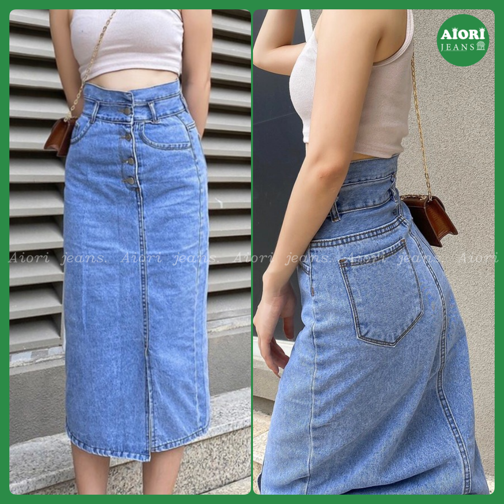 Chân Váy Jeans Aiori Denim Chữ A Lưng Cao Ôm Dáng Xinh Xắn Lưng Kiểu 4 Nút Theo Phong Cách Hàn Quốc_Mã V002 - Xanh Đậm