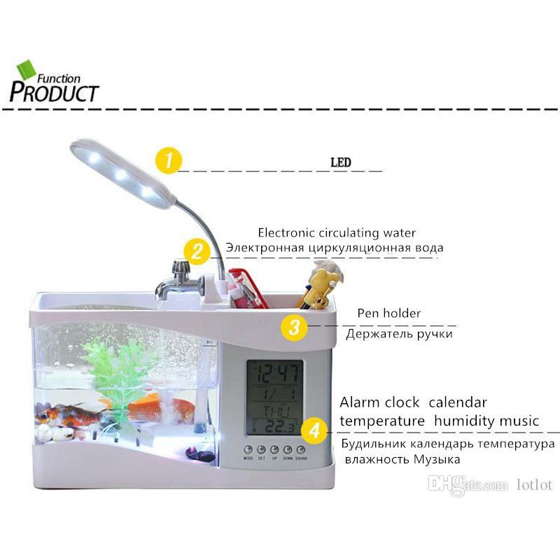 Bể cá cảnh mini để bàn, kiêm đồng hồ báo thức, đèn led tiện dụng