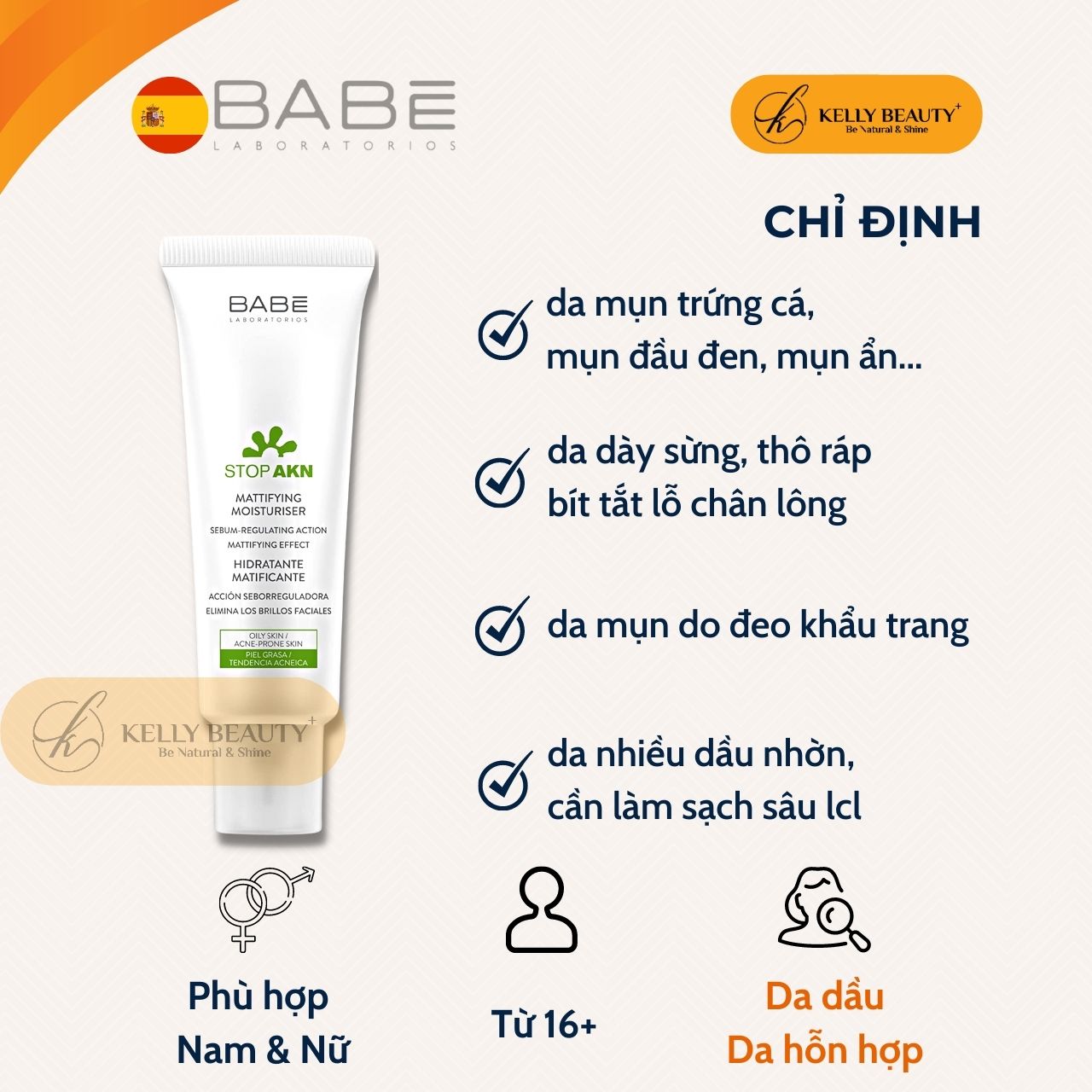 Kem Dưỡng Kiềm Dầu Ngừa Mụn BABE Stop AKN Mattifying Moisturiser - Kelly Beauty