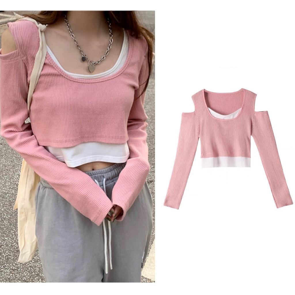 Áo Croptop Nữ Tay Dài DAILY Phối Layer Xẻ Vai Vải Thun Gân Ulzzang