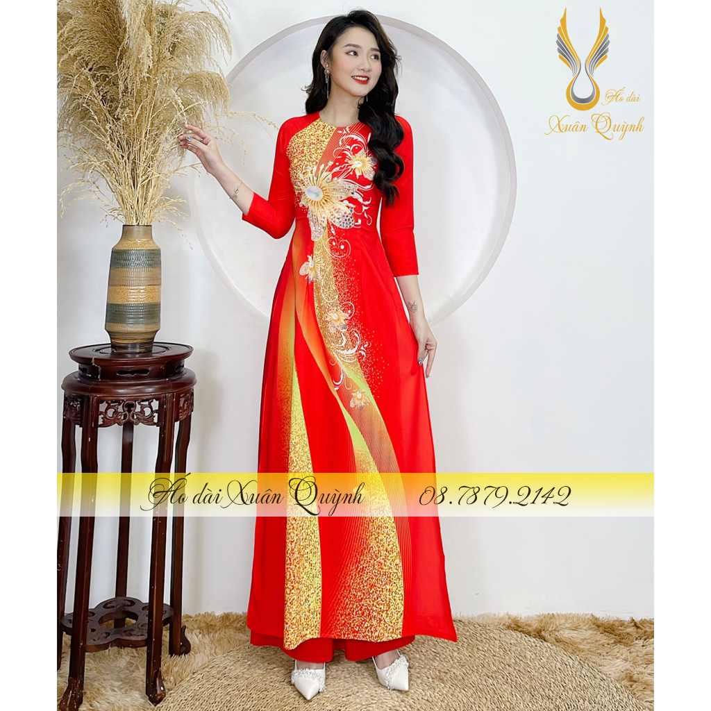 Áo Dài Họa Tiết Dải Hoa Kim Cương Phối Chấm Bi Nổi Bật, Sang Trọng, Duyên Dáng Lụa Habutai Cao Cấp K97