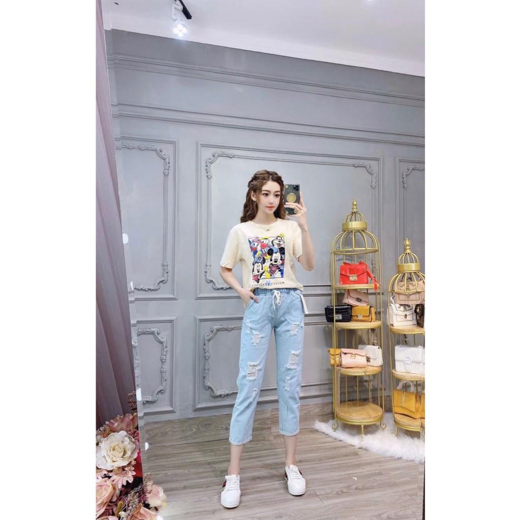 Quần jeans baggy rách dáng lửng ống xăn lai cao cấp màu xanh nhạt xanh đậm