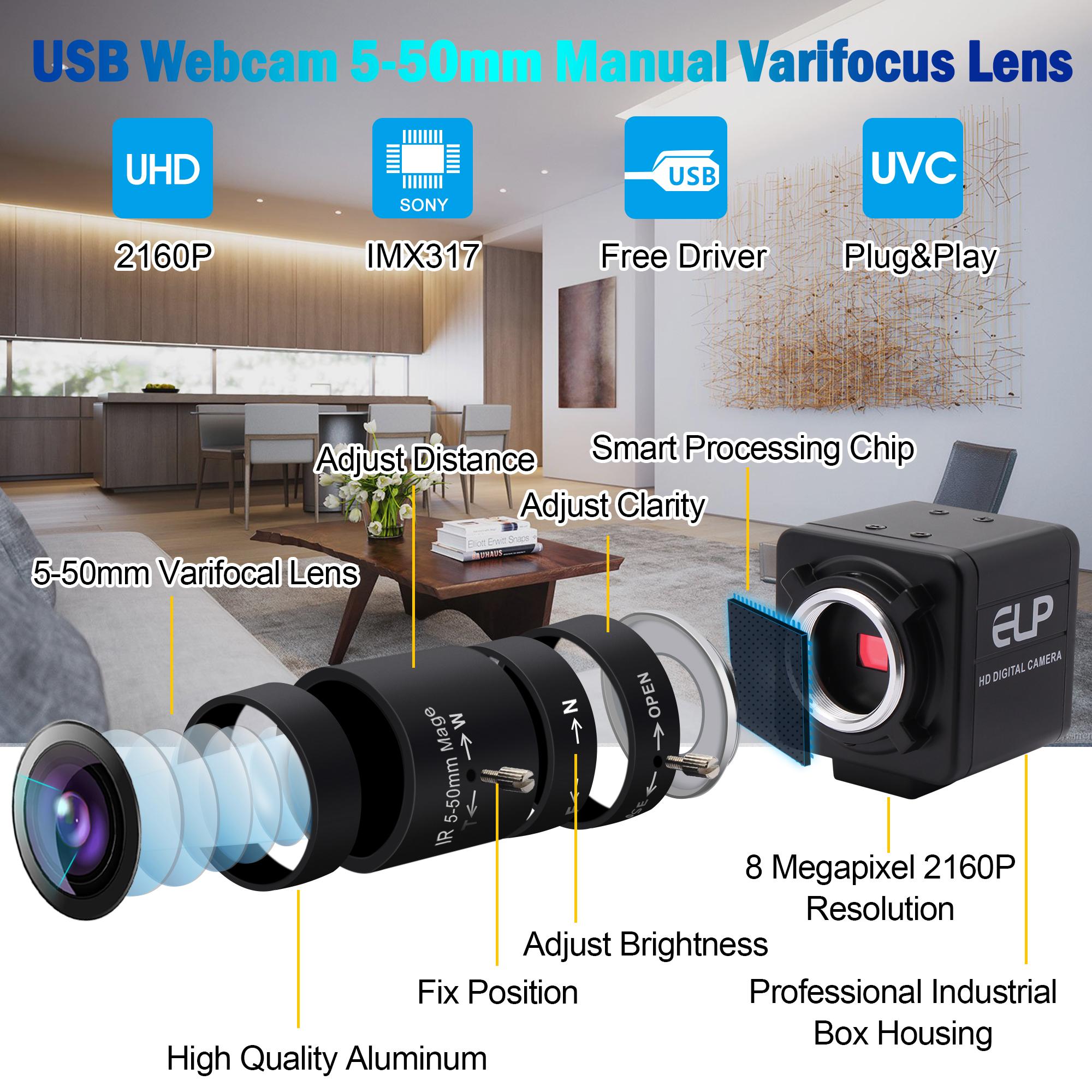 Camera 4K USB 3840x2160 30fps IMX317 Hướng dẫn cảm biến Zoom Varifocal 8MP Máy ảnh video webcam USB để phát trực tiếp, cuộc họp