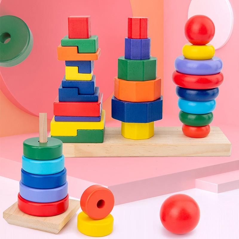 Đồ chơi gỗ Xếp hình tháp cầu vồng 3 cọc cho bé phát triển tư duy logic