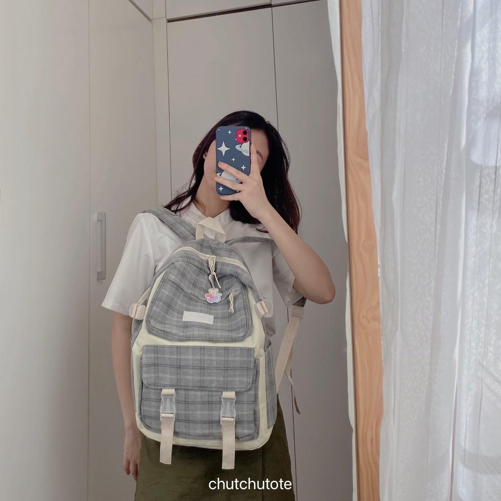 BL145/ Mua 1 Được 5 - Combo Balo Kẻ Caro Đáng Yêu Tặng Kèm Túi Tote + Túi Chéo + Hộp Đựng Bút + Túi Mini