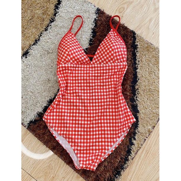 Bikini 1 mảnh caro vintage đen/đỏ