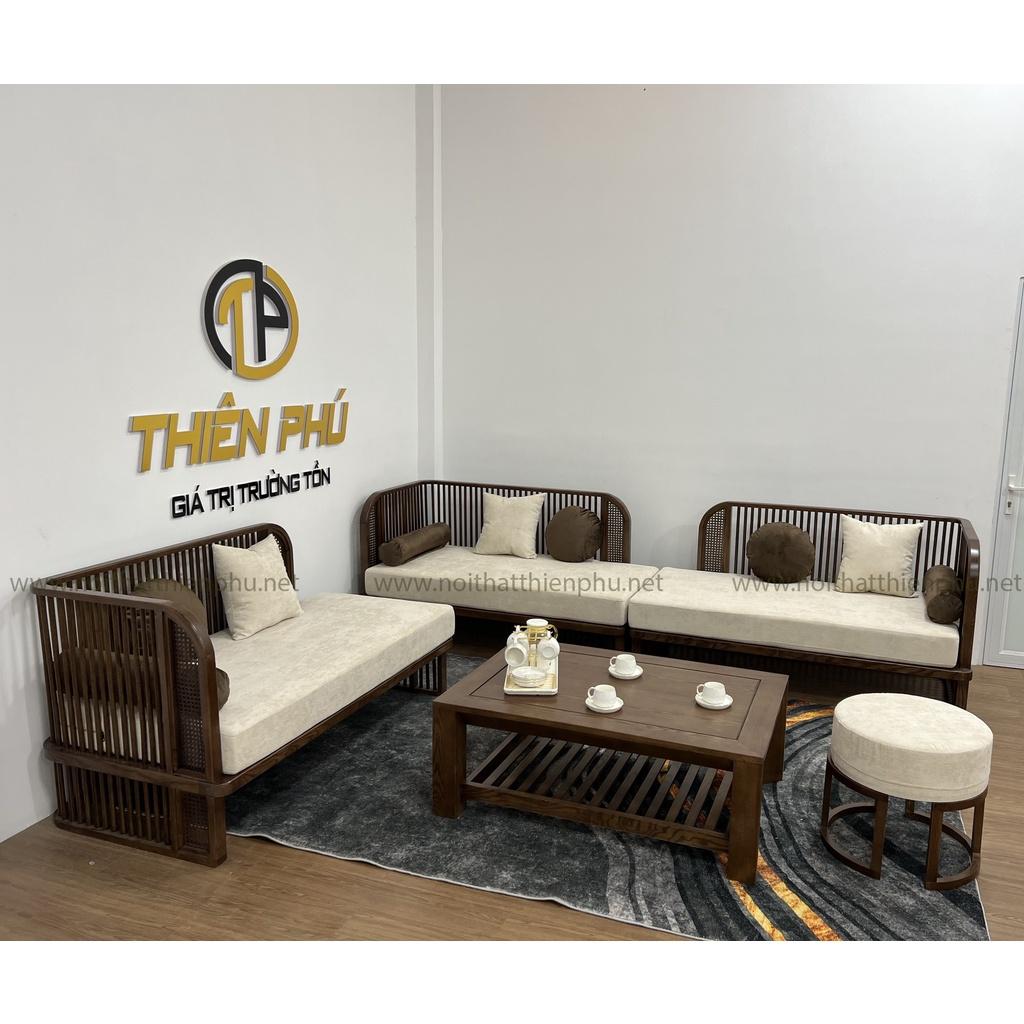 Sofa gỗ phòng khách phong cách Indochine, đệm mút bọc nỉ UKILI cao cấp