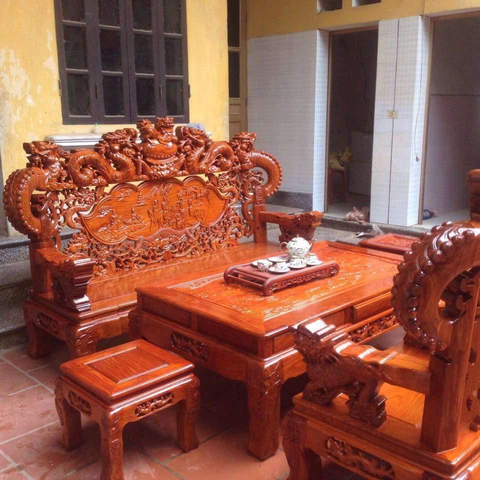 Bộ bàn ghế giả cổ nghê khuỳnh gỗ hương đá