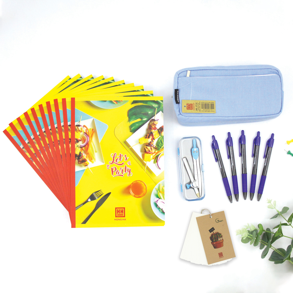 Combo Trung học Hồng Hà &quot;Thông minh&quot; - 10 Vở kẻ ngang Hồng Hà 80tr, Compa, 5 bút semi gel &amp; Túi bút - Tặng sổ Flashcard Eco (màu ngẫu nhiên)