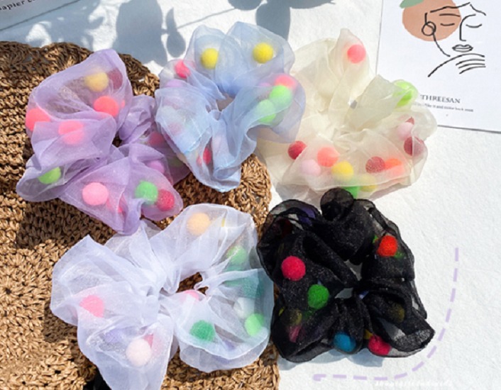 COMBO 5 DÂY CỘT TÓC VOAN CÓ HẠT VẢI POM POM