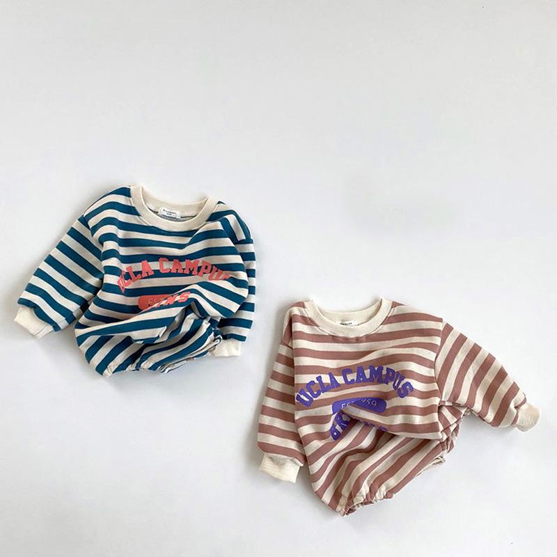 Mùa Thu Bodysuits Dài Thun Bé Quần Áo In Chữ Trẻ Sơ Sinh Áo Liền Quần Đùi Bé Trai Sọc Bé Gái Onesie