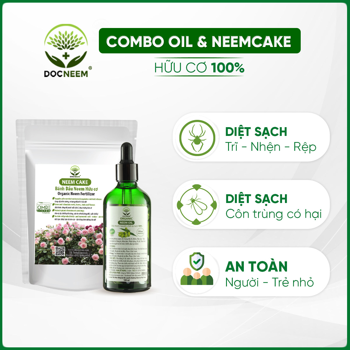 Combo Dầu Neem và Bánh dầu Neem hữu cơ DOCNEEM trị sâu bệnh, sùng đất cuốn chiếu, kích rễ hoa hồng chai 100ml và túi 1kg