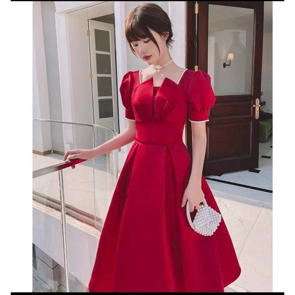 Váy đầm nữ dáng xòe cổ cách điệu phối cườm cực sang trọng
