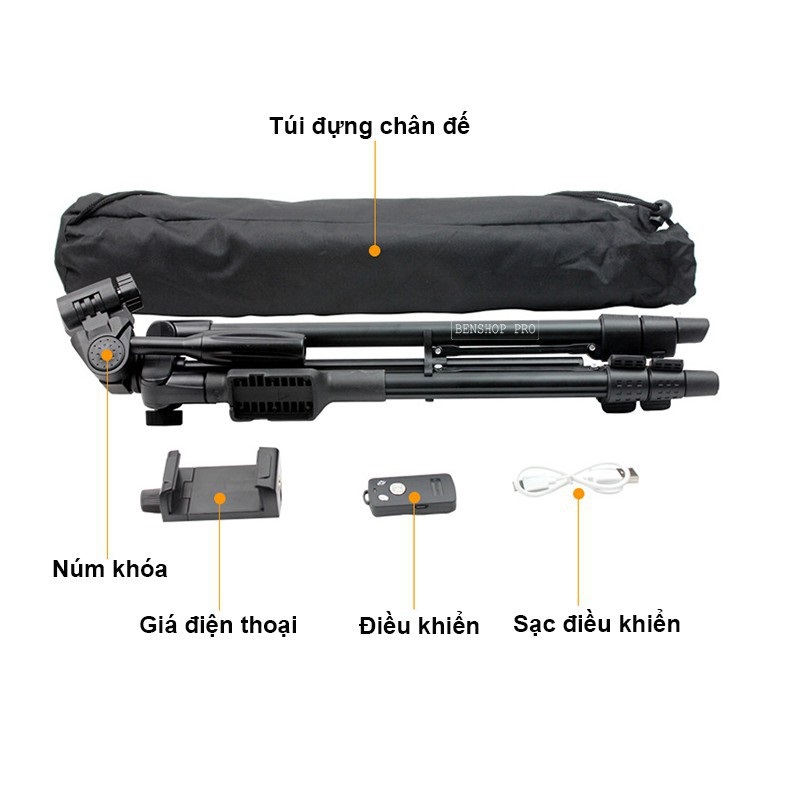Gậy Tripod 3 Chân Yunteng VCT-5208 - gậy chụp hình ảnh 3 chân + Giá kẹp điện thoại + Remote - Hàng chính hãng