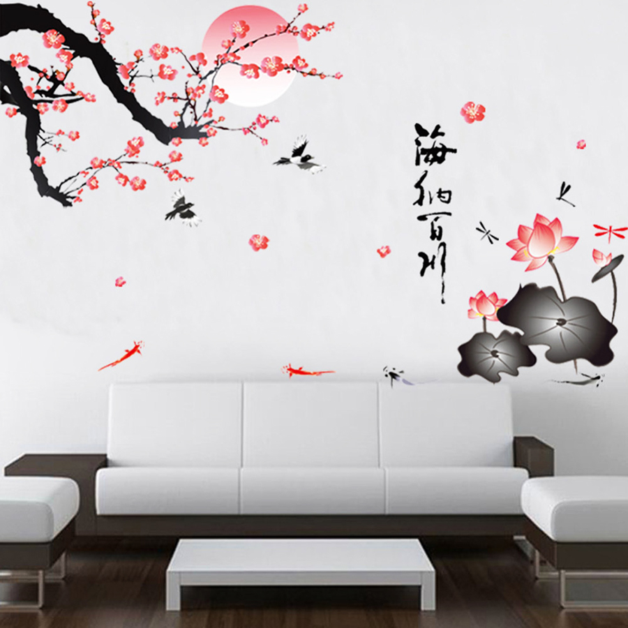 Decal Dán Tường Cành Đào Và Hoa Sen Binbin PK252 (135 x 80 cm)