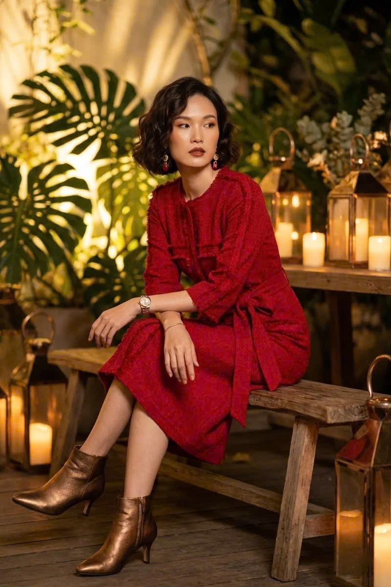 Đầm Suông Tua Rua Tweed Đỏ, Đầm Suông Thắt Eo Thanh Minh thời trang thiết kế Hity Dre201