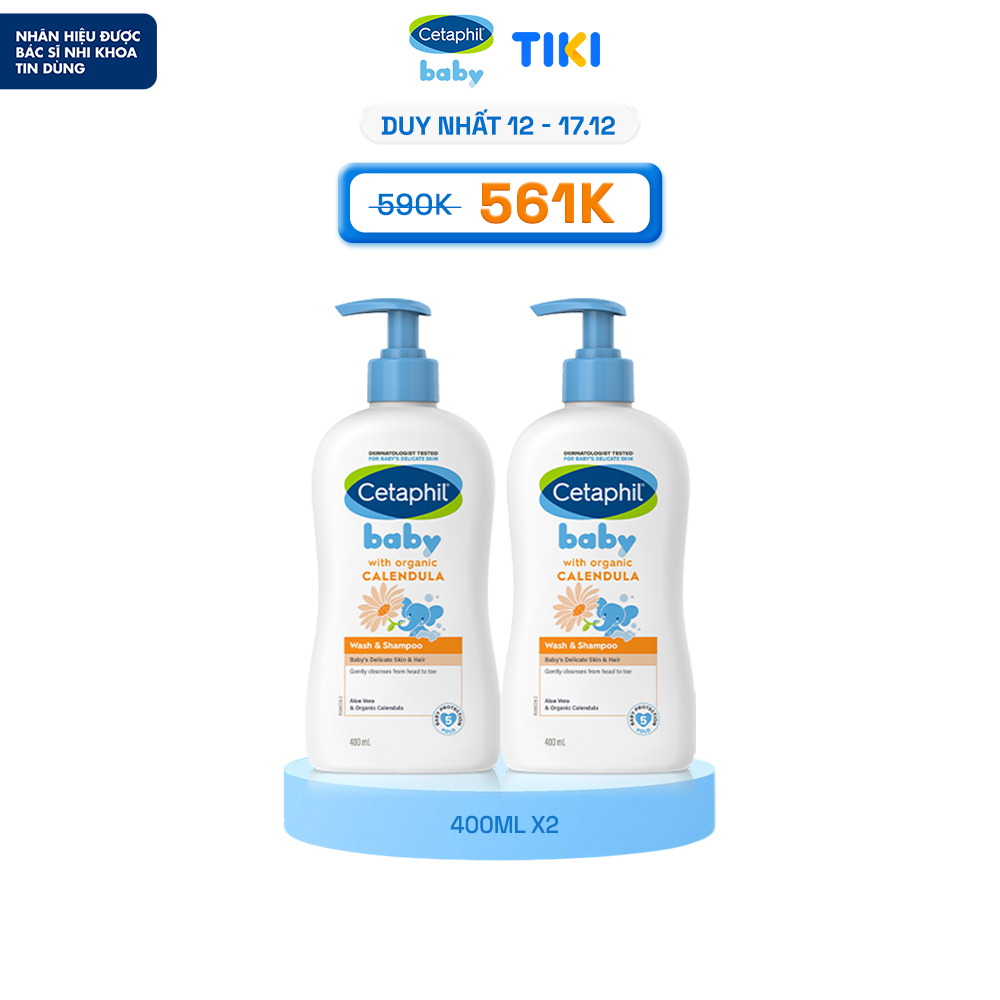 Combo 2 Sữa tắm gội dịu lành cho bé Cetaphil Baby Wash & Shampoo with Organic Calendula 400ml/chai