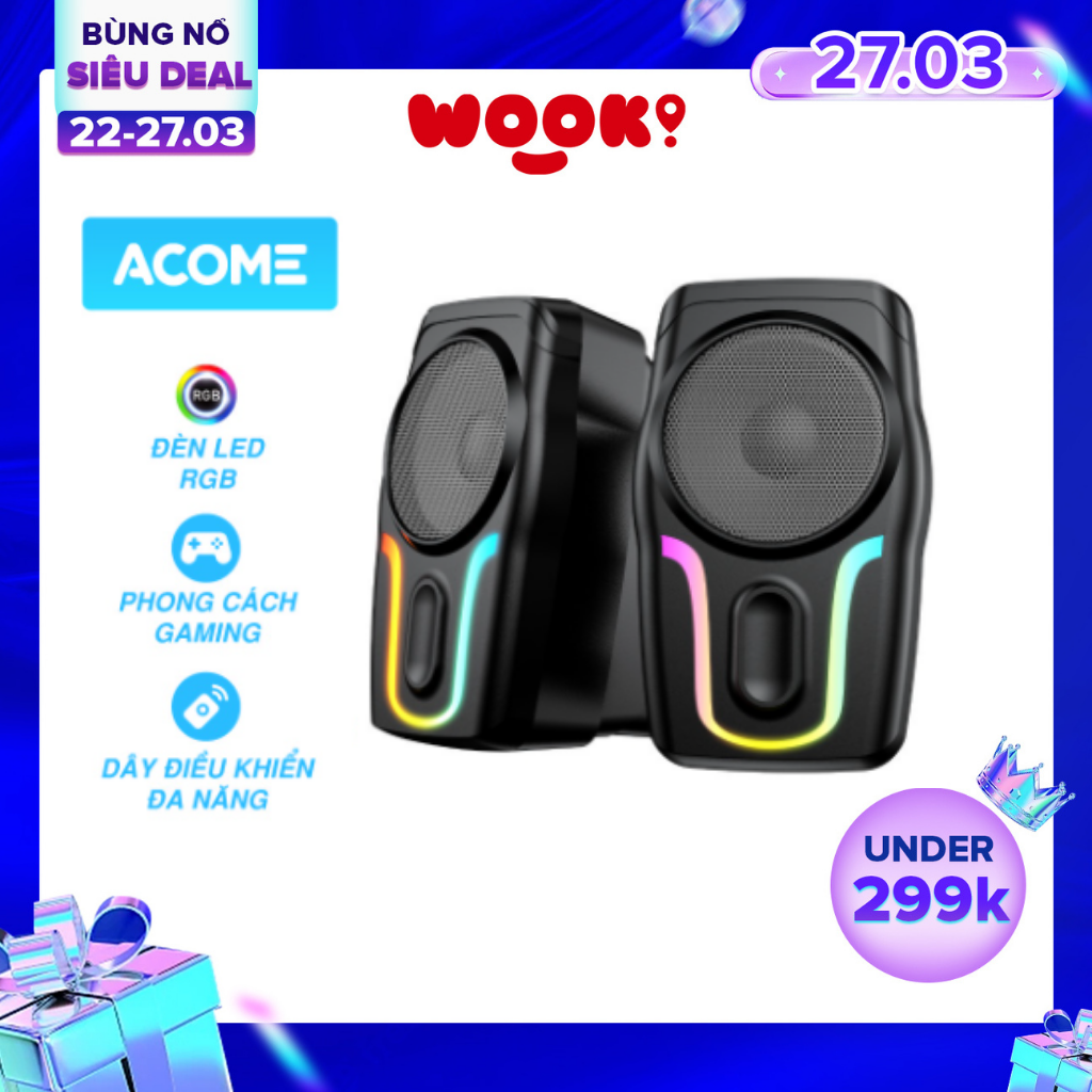 Loa Máy Tính Gaming ACOME A12 Hiệu Ứng Đèn LED RGB Bass Mạnh PC/Laptop - Hàng Chính Hãng