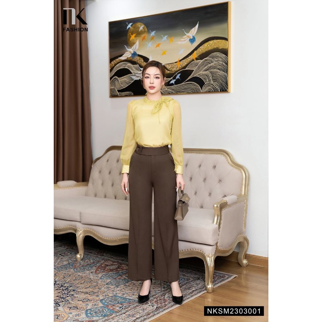 Áo Sơ Mi Nữ Dài Tay NK FASHION Thiết Kế Tay Bồng Đính Nơ Cổ Điệu Đà Chất Vải Nhập Hàn Cao Cấp Không Nhăn NKSM2303001