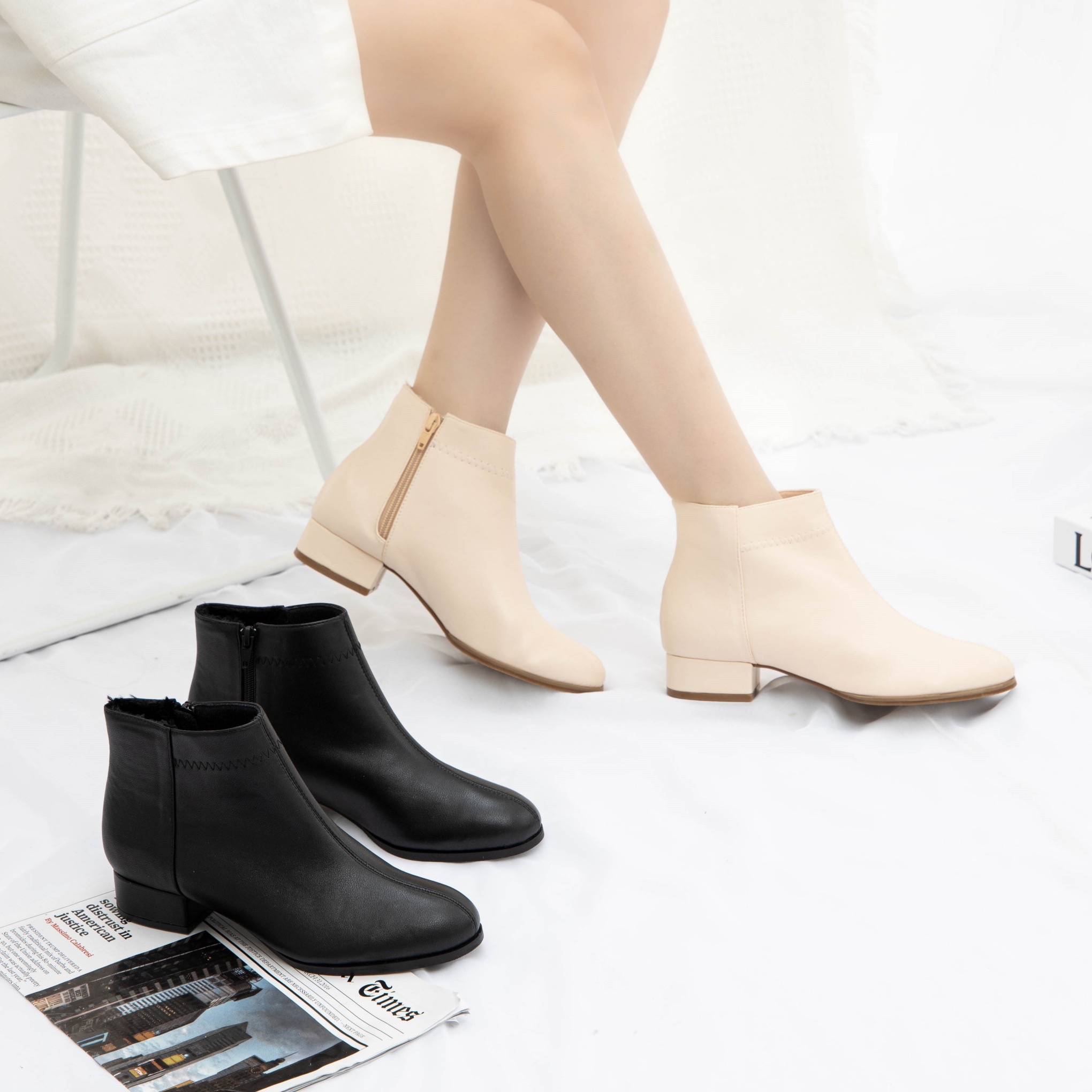 Giày MWC 9102 - Giày Boots Nữ Boots Cổ Thấp Gót Vuông 3 cm Phong Cách Hàn Quốc