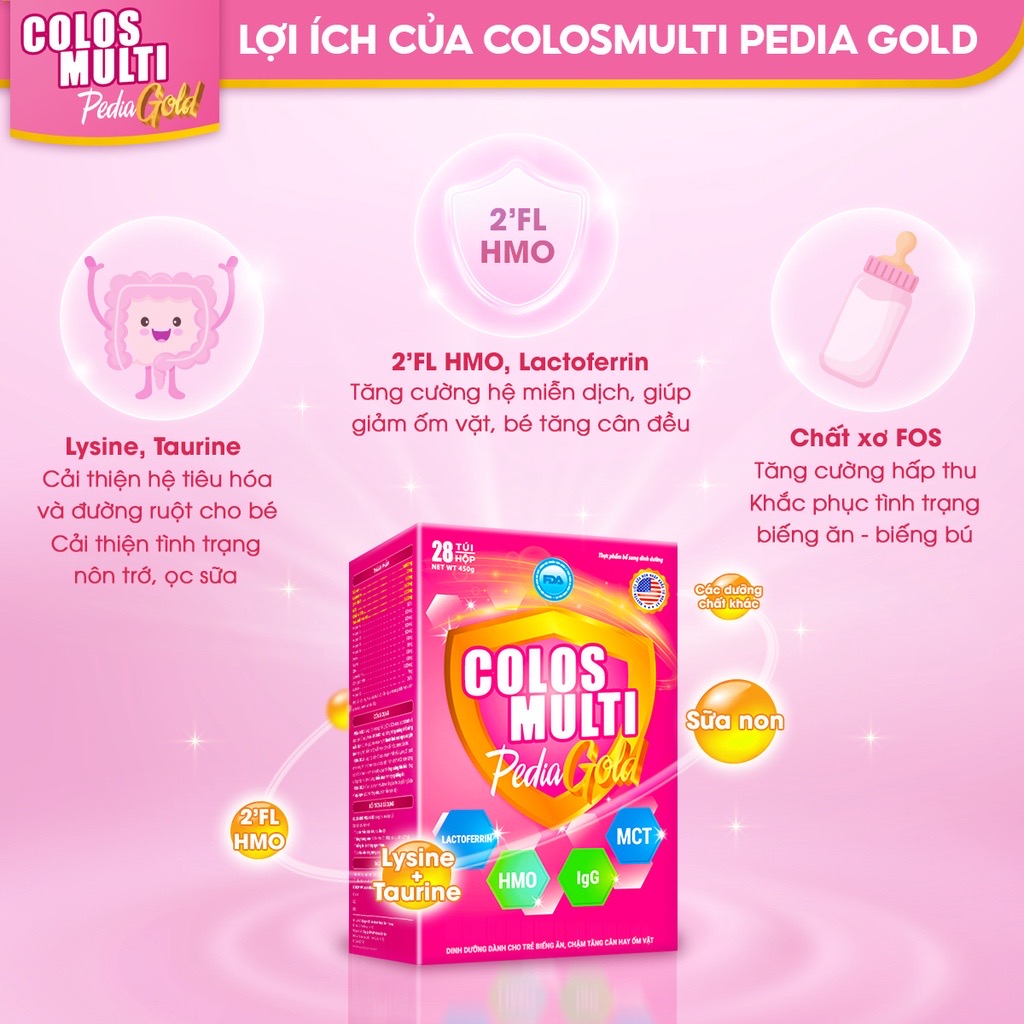 ￼ Sữa Non Colos Multi Pedia Gold hộp 28 gói x 16g chuyên biệt hỗ trợ giúp bé ăn ngon và tăng cân đều